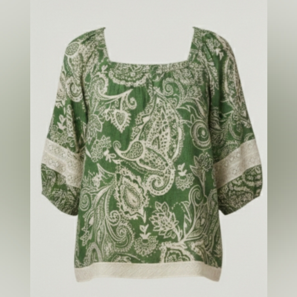 Nicole Miller Paisley Embroidered Linen Blend Square Neck Blouse 1X Green Cream - Picture 2 of 5